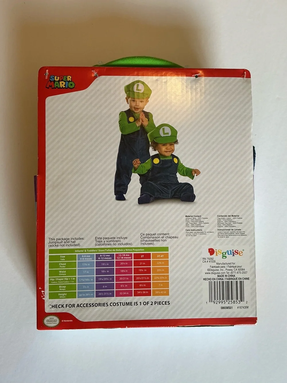 NWT Nintendo Luigi Super Mario Halloween Costume Infant Size 6-12mos by Disguise